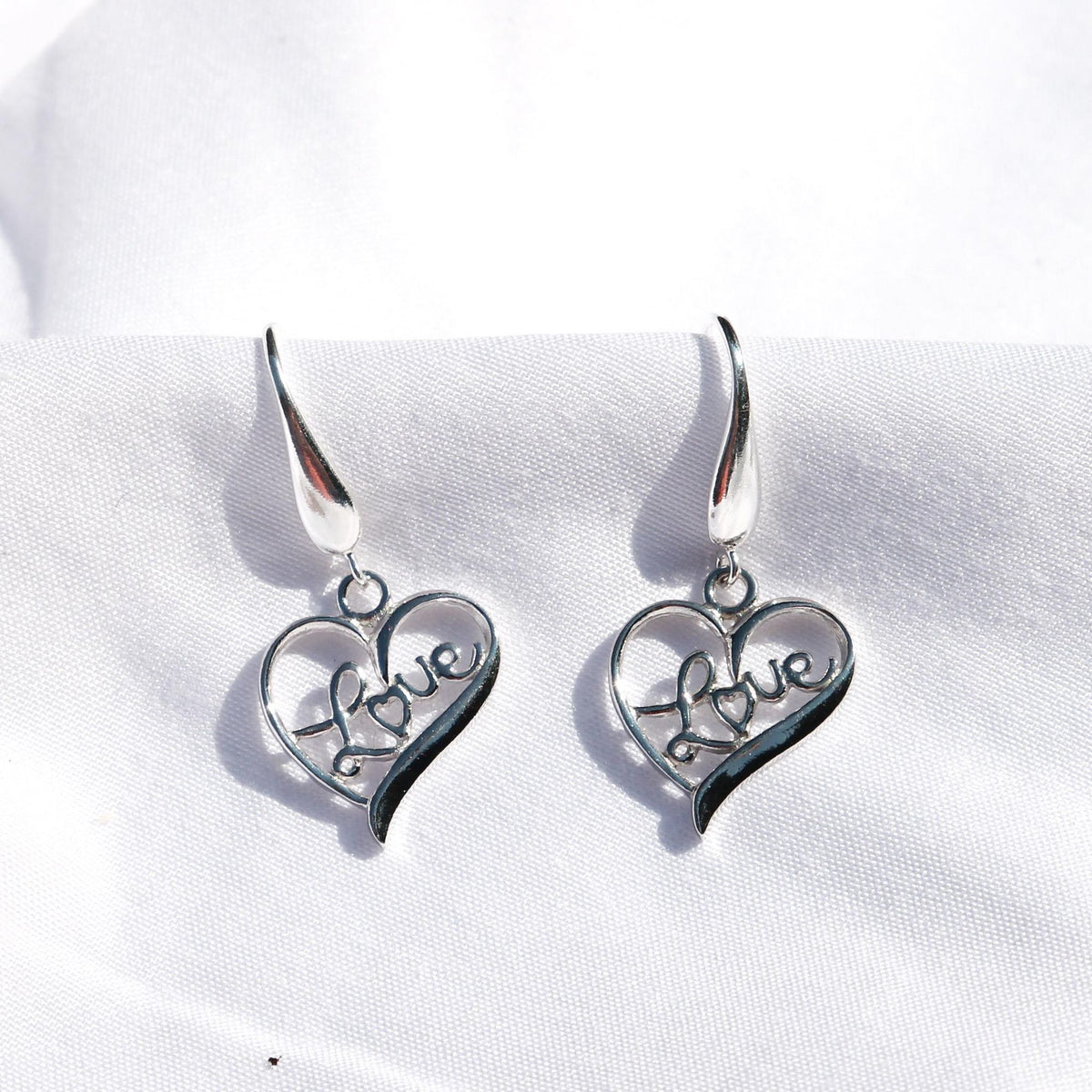 Sterling Silver &quot;Love&quot; Script Heart Earrings