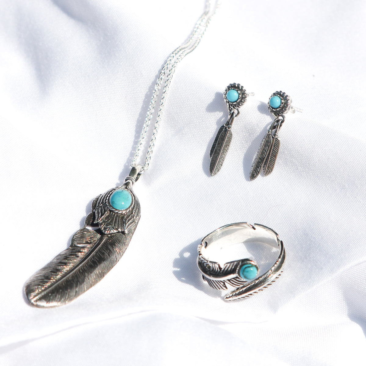 Sterling Silver Feather with Turquois Necklace